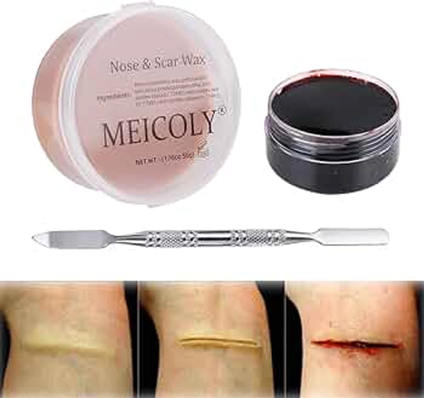 MEICOLY 3pcs SFX Special Effects Makeup Kit,Scar Wax Fake Scar Modeling Wax for Fake Scar and Wound with Spatula (1.67Oz),Fake Blood Scab Coagulated Blood Gel(1.06Oz),Halloween Cosplay Makeup,Dark