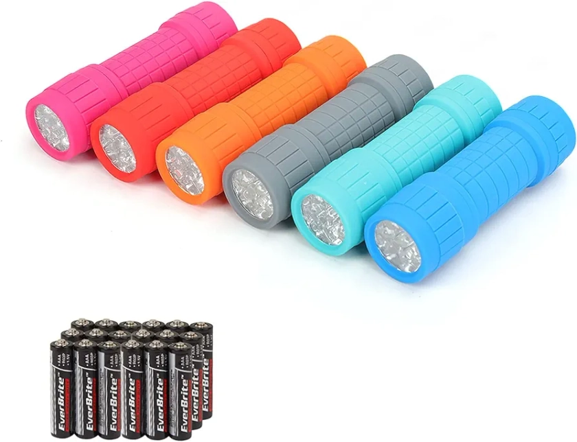 EverBrite 9-LED Flashlight 6-Pack Compact Handheld Torch Assorted Colors with Lanyard 3AAA Battery Included (Hurricane Supplies, Camping)