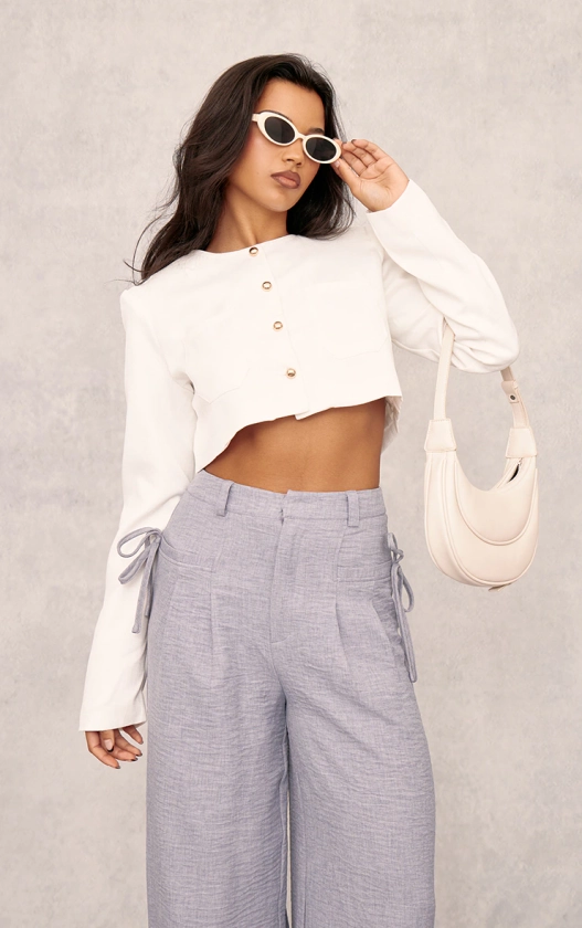 White Textured Tailored Cropped Jacket