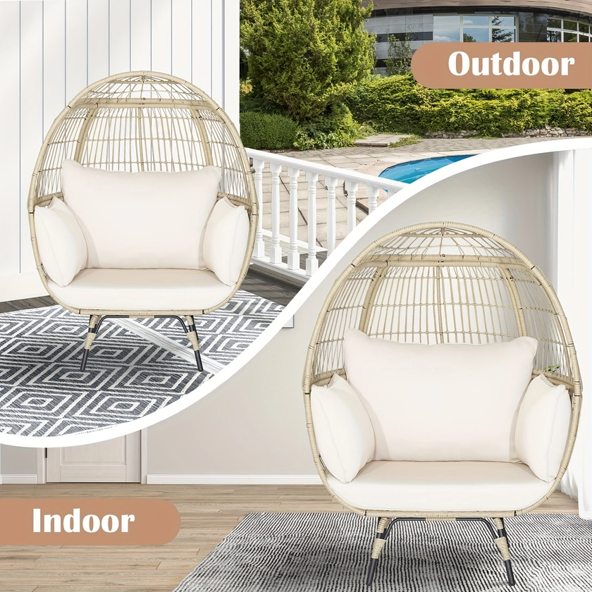 1pc Rattan Egg Chair With Metal Frame For Patio, Oversized Indoor/Outdoor Lounge Basket With 4 Cushions, Boho Chic Wicker Design, 57" High - Neutral T