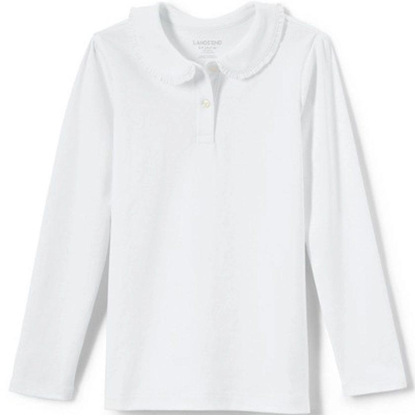 Lands' End School Uniform Kids Long Sleeve Ruffled Peter Pan Collar Knit Shirt - Large - White