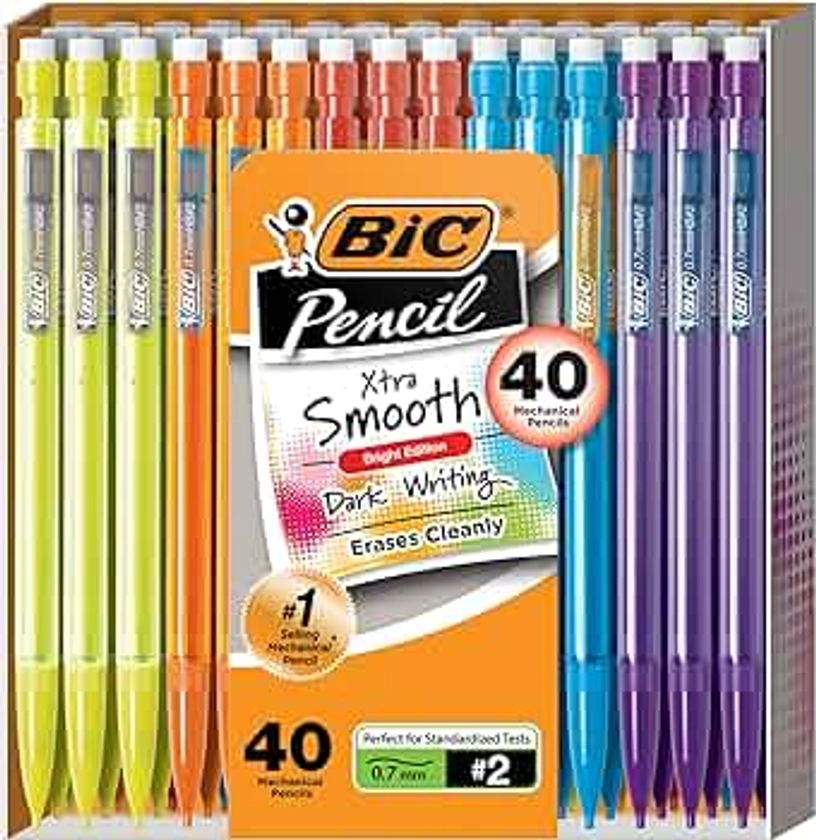 BIC Xtra-Smooth Mechanical Pencils with Erasers (MPCE40-BLK), Bright Edition Medium Point (0.7mm), 40-Count Pack, Bulk Mechanical Pencils for School or Office Supplies