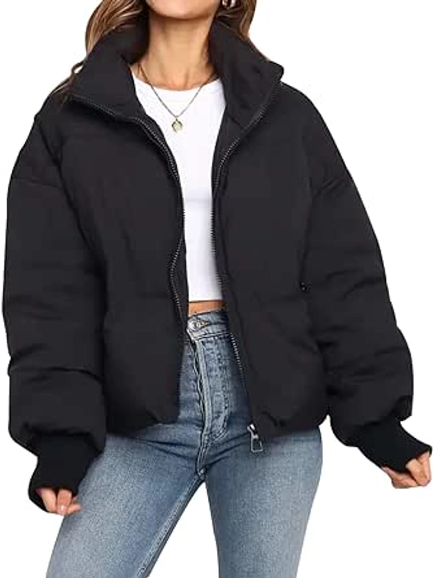 Gihuo Women’s Winter Warm Long Sleeve Zip Front Short Baggy Puffer Jacket with Pockets(Black-M) at Amazon Women's Coats Shop