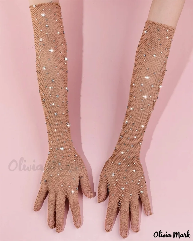 Olivia Mark - Stylish Fishnet Gloves with Rhinestone Detail - Set of 1 Pair