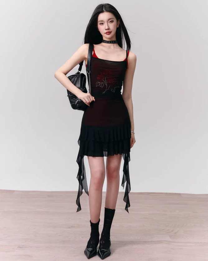 Rose Thief Black And Red Mesh Ribbon Suspender Dress FRA0154