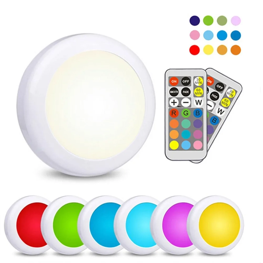 LED Cabinet Light RGB Puck Lamp Remote Control Battery Powered Dimmable Kitchen Under Cabinet Closet Light Nightlight Multicolor - AliExpress 39