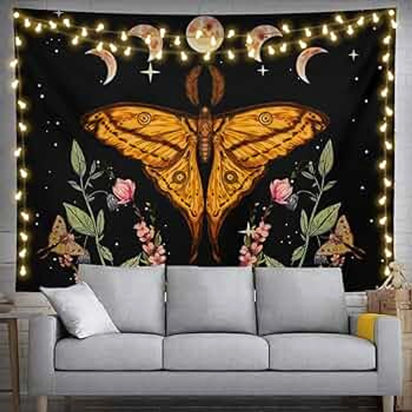 feelacle Moth Tapestry Moon Phase Tapestry 60" X 40" Butterfly Wall Hanging Party Decorations Bedding Home Decor for Bedroom Living Room Dorm (150 X 100cm)
