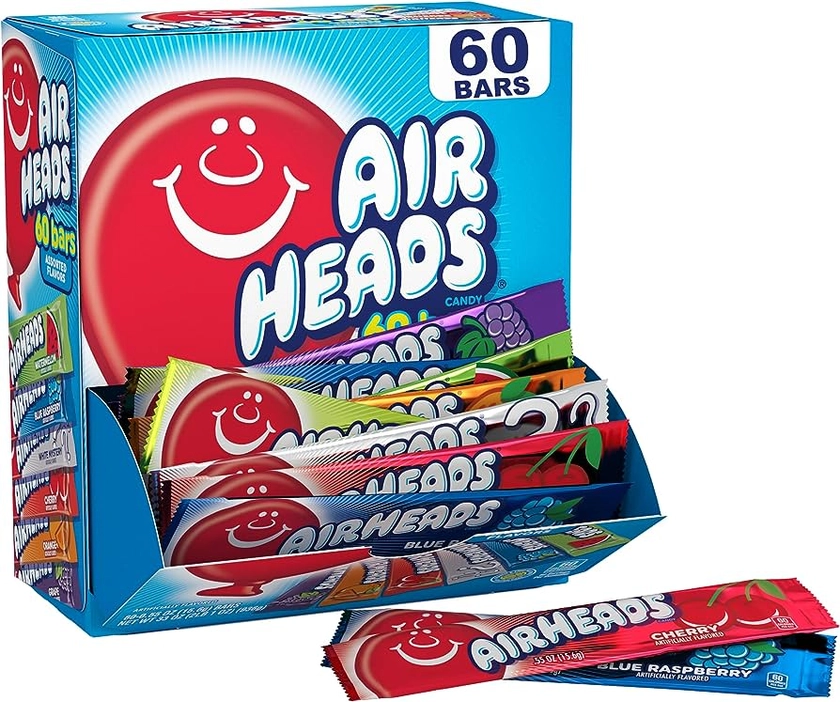 Airheads Candy Bars, Variety Bulk Box, Chewy Full Size Fruit Taffy, Gifts, Holiday, Parties, Concessions, Pantry, Non Melting, Party, 60 Individually Wrapped Full Size Bars