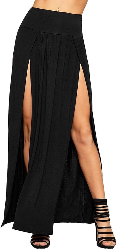 Crazy Girls Womens Long Double Split High Waist Ladies Plain Jersey Stretch Two Side Slit Maxi Skirt