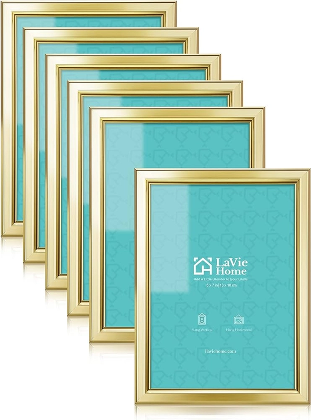 LaVie Home 5x7 Picture Frames (6 Pc, Gold) Simple Designed Photo Frame with High Definition Glass for Wall Mount & Table Top Display, Set of 6 Classic Collection