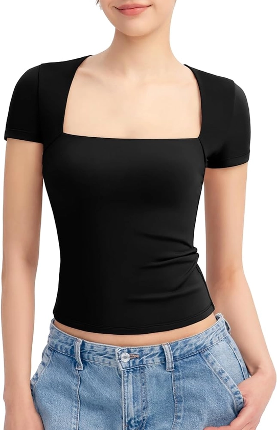 PUMIEY Short Sleeve T Shirts for Women Square Neck Top Sexy Going Out Tops Slim Fit Tee Shirt, Jet Black Small at Amazon Women’s Clothing store