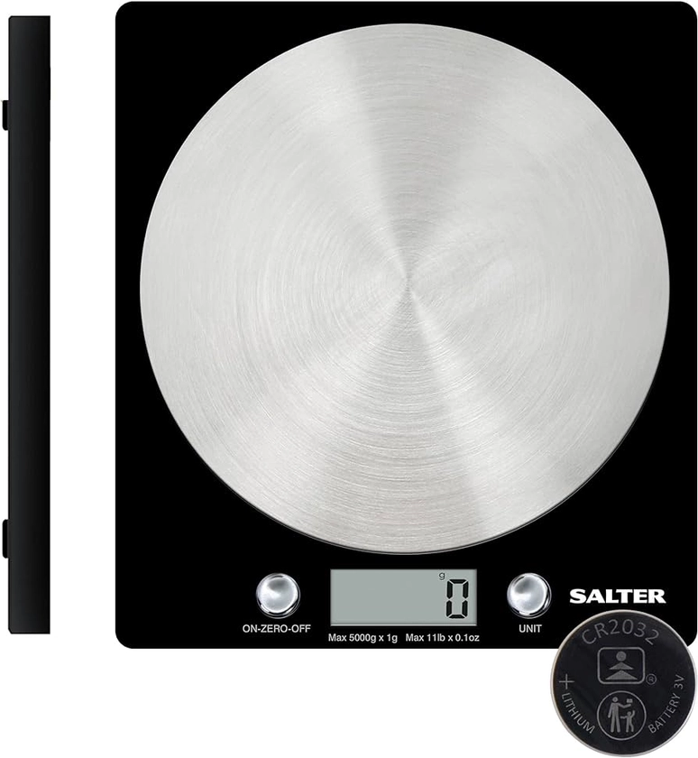 Salter 1036 BKSSDR Electronic Kitchen Scale – Digital Baking Scale with 5kg Capacity, Food Weighing Scale with Stainless Steel Disc Platform, LCD Display, Add & Weigh/Tare Function, Measure Liquids