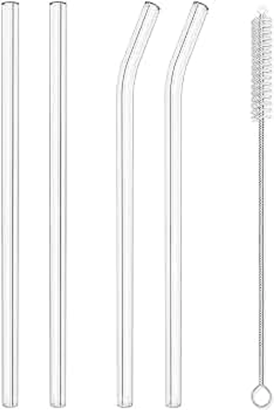 Hiware Reusable Glass Straws Set, 4-piece Drinking Straws with Cleaning Brush, 10" x 10 mm, Dishwasher Safe
