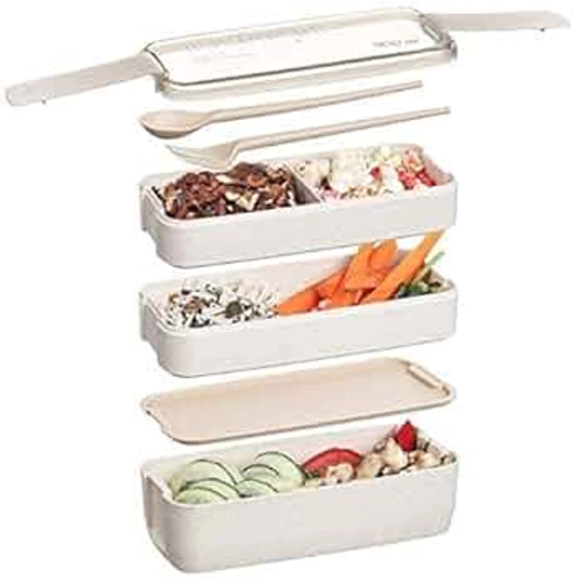 HEYOUTH Bento Lunch Box,avec 3 Compartiments et Ustensiles,Boîte Boite Repas Box Enfant/Adulte et couverts,Boîte à Déjeuner étanche de 900ML Sans BPA,pour Le Pique-Nique, l'école, Le Travail(Beige)