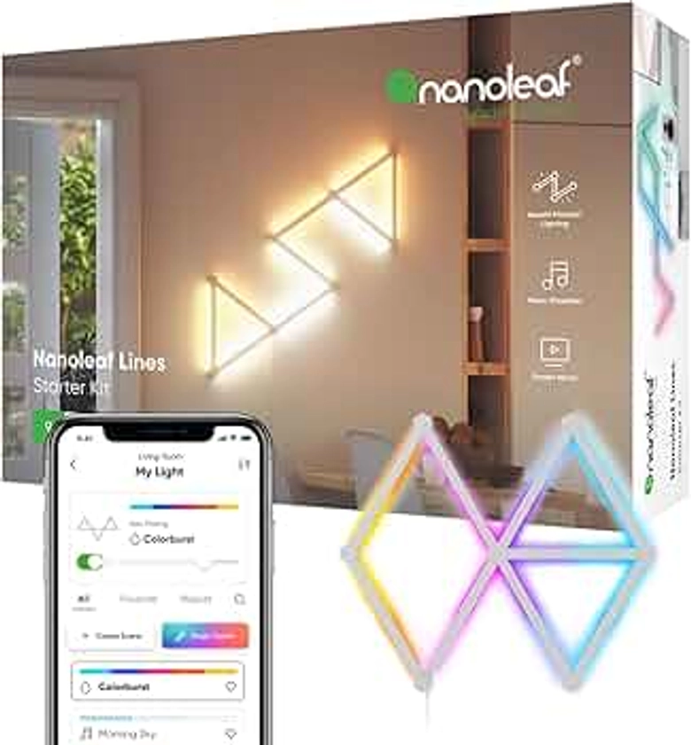 Nanoleaf Lines 60 Degrés Kit de Démarrage, 9 Barres Lumineuses LED RGBW Connectées - Appliques Murales Luminaires Intérieur Modulaires Wi-Fi 16M Couleurs, Compatible Alexa, pour Salon Chambre Gaming