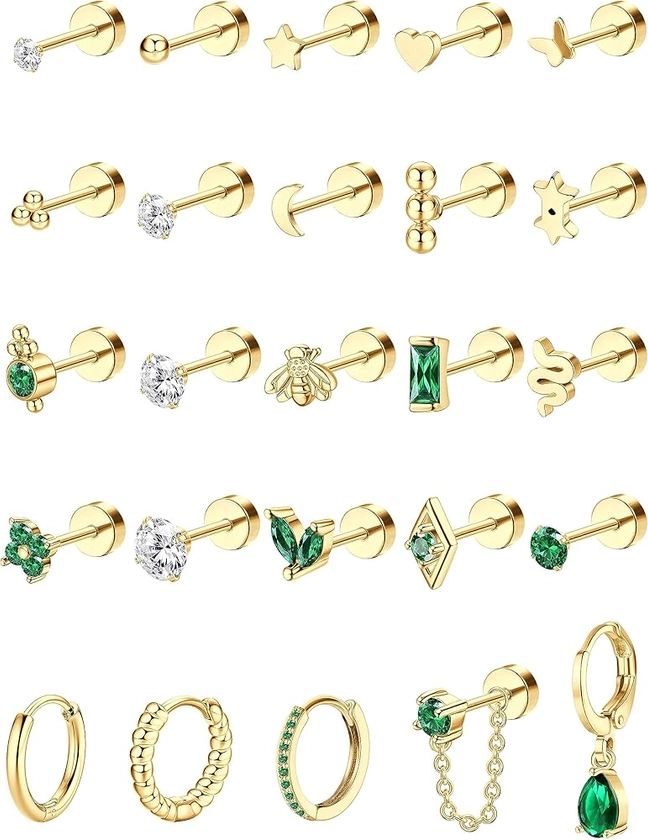 ADRAMATA Tiny Gold Flat Back Earrings for Cartilage Surgical Steel Stud Hoop Earrings Set for Multiple Piercing Cute Star Moon Snake Butterfly CZ Chain Dangle Emerald Green Earrings Helix Piercing Jewelry Hypoallergenic 20G