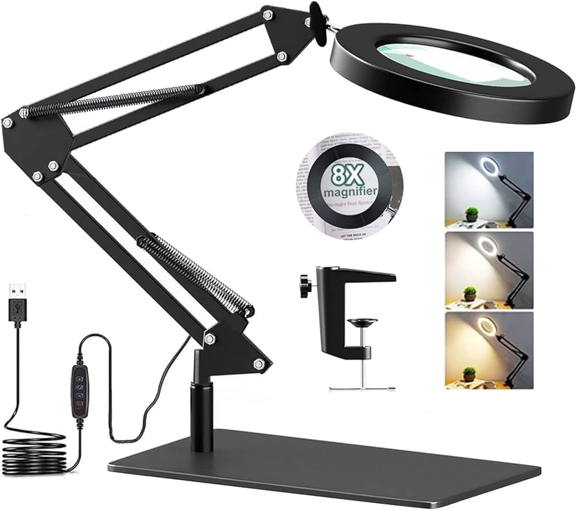 Lampe de Bureau avec Loupe 8X et LED, Lampe Loupe sur Pied 2-en-1 avec Base et Pince, 3 Modes de Couleur,10 Niveaux de Luminosité,Lampe Bras Pivotant Réglable pour Artisanat : Amazon.fr: Luminaires et Éclairage