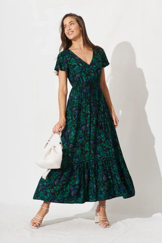 Ingra Maxi Dress In Emerald With Green And Blue Floral