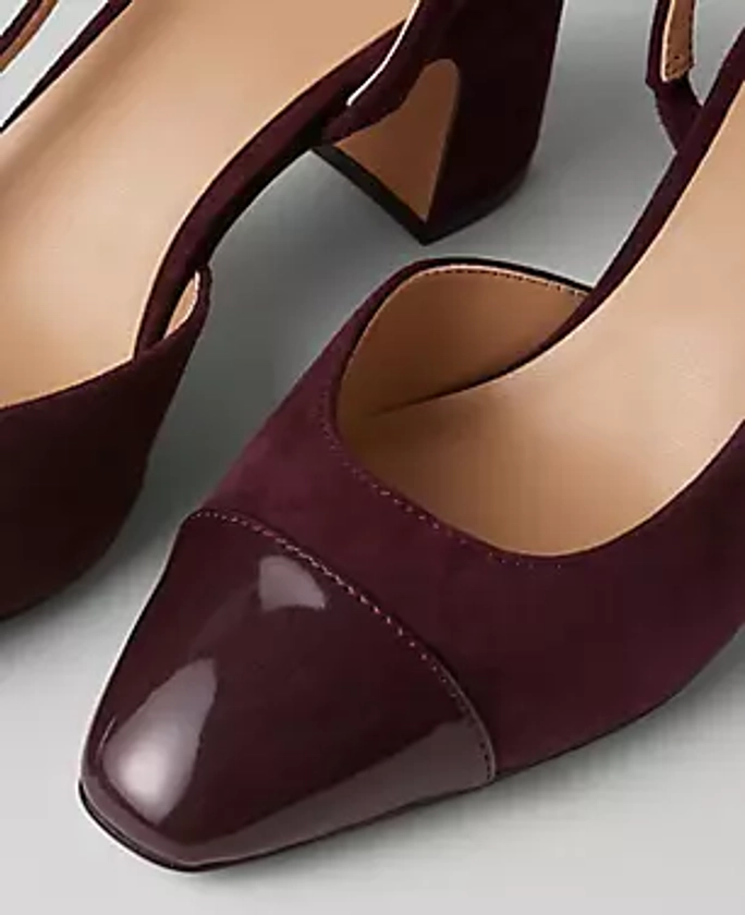 Suede Cap Toe Block Heel Slingback Pumps