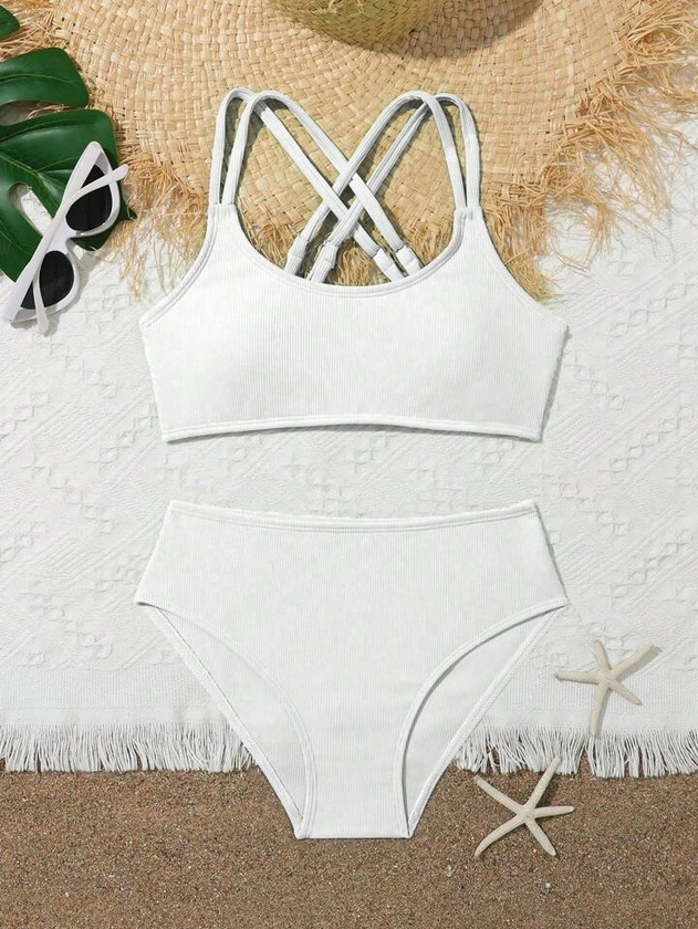 Tween Girl Bikini Swimsuit, Separated Shoulder Straps, Crisscross Striped Swimwear, Spring/Summer Beachwear