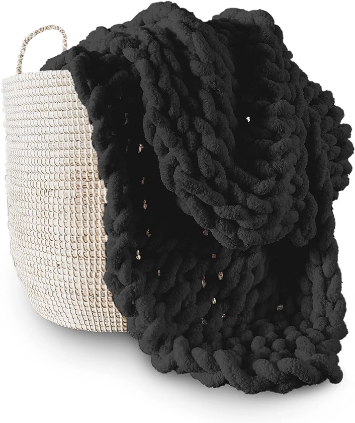 Adyrescia Chunky Knit Blanket Throw | 100% Hand Knit with Jumbo Chenille Yarn (50"x60", Raven Black)