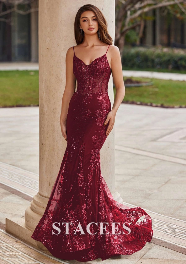 Trumpet/Mermaid Glitter Prom Dress V Neck Sweep Train with Sequins S7677P - Prom Dresses - Stacees.co.uk 