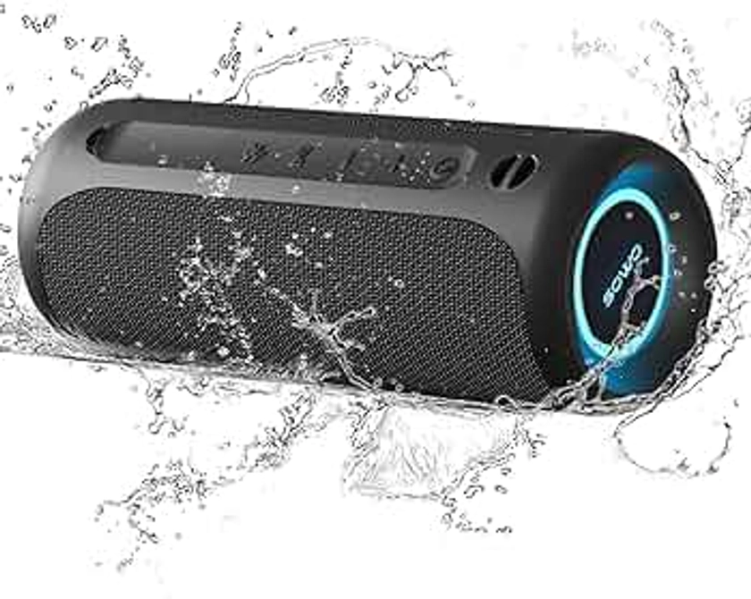 Portable Speaker, Wireless Bluetooth Speaker, IPX7 Waterproof, 25W Loud Stereo Sound, Bassboom Technology, TWS Pairing, Built-in Mic, 16H Playtime with Lights for Home Outdoor - Black