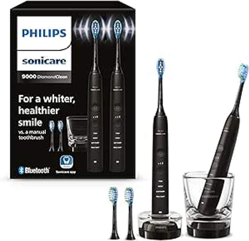 Philips Sonicare DiamondClean 9000 - Brosse à dents électrique avec application, lot de deux, capteur de pression, verre de charge, noir, modèle HX9914/63