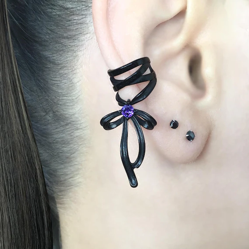 Bow ear cuff,Wrapped ribbon with bow ear cuff, gothic ear cuff, single earring, gothic earring, ear cuff, cuff earring,fake piercing