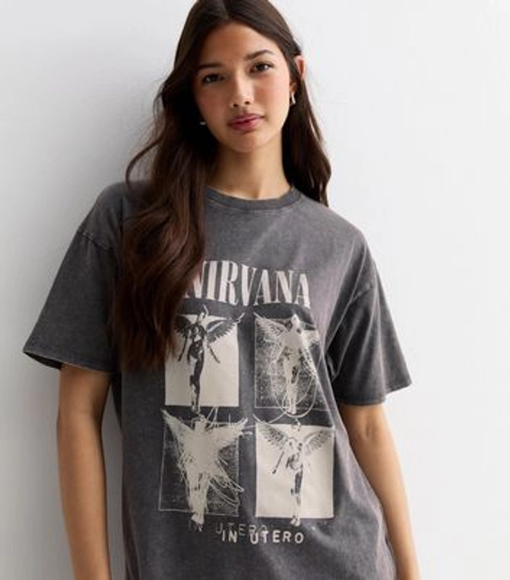 Dark Grey Acid Wash Cotton Nirvana Logo Oversized T-Shirt