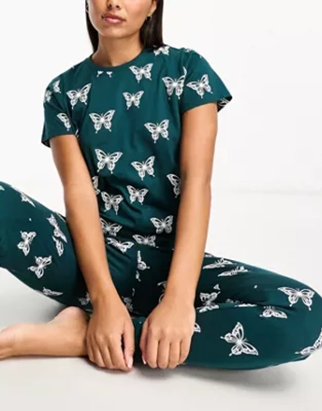 Threadbare - Pyjama avec pantalon et t-shirt à imprimé papillons - Vert | ASOS