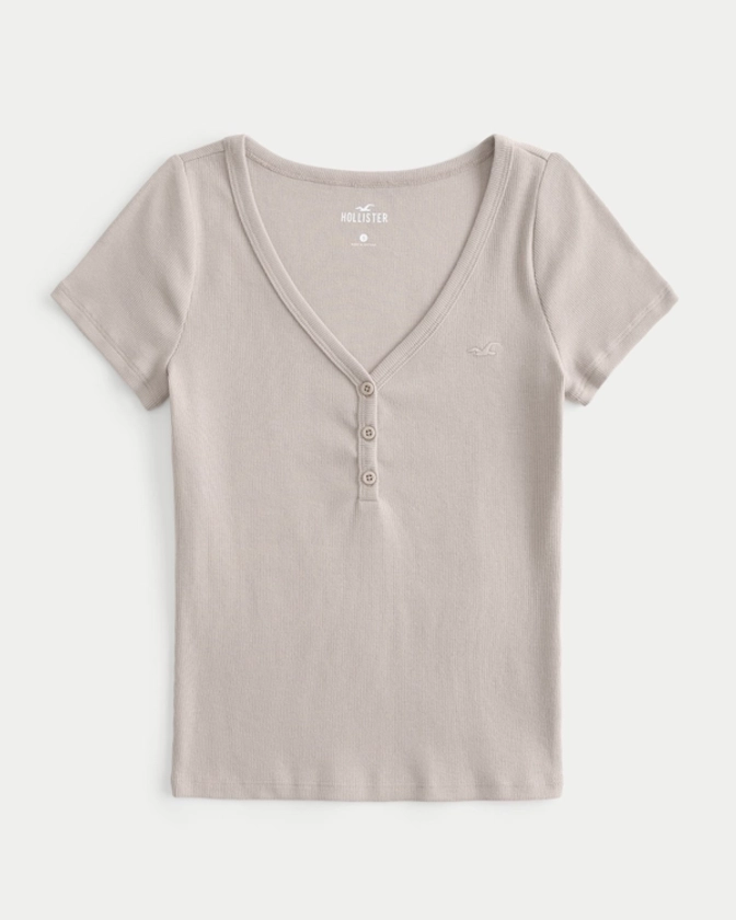 Women's Ribbed Short-Sleeve Icon Henley | Women's Clearance | HollisterCo.com