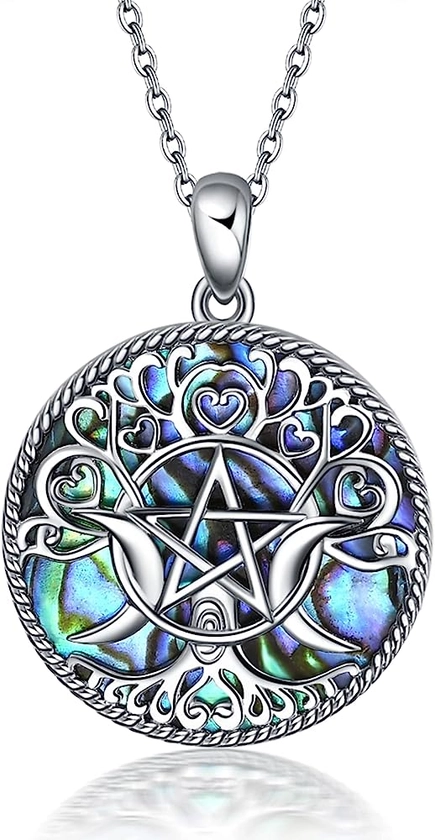 YFN Triple Moon Goddess Necklace Sterling Silver Pentagram Pentacle Opal Pendant necklace Pagan Wiccan Magic Amulet Tree of Life Jewelry for Women Men 18"