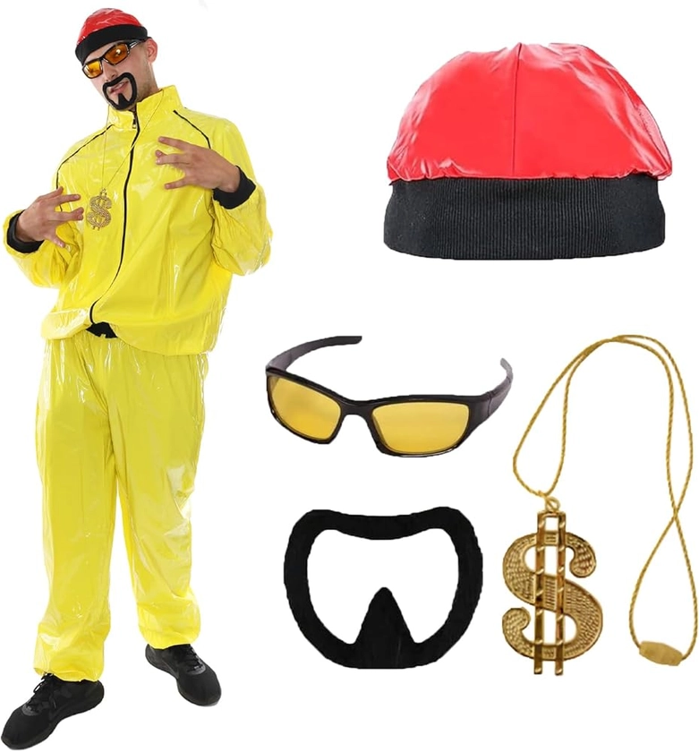 Adults Yellow Rapper Costume - Yellow and Black Shell Suit, Red Hat, Yellow Sunglasses, Dollar Sign Chain, Black Goatee - Adults TV Film Fancy Dress Costume