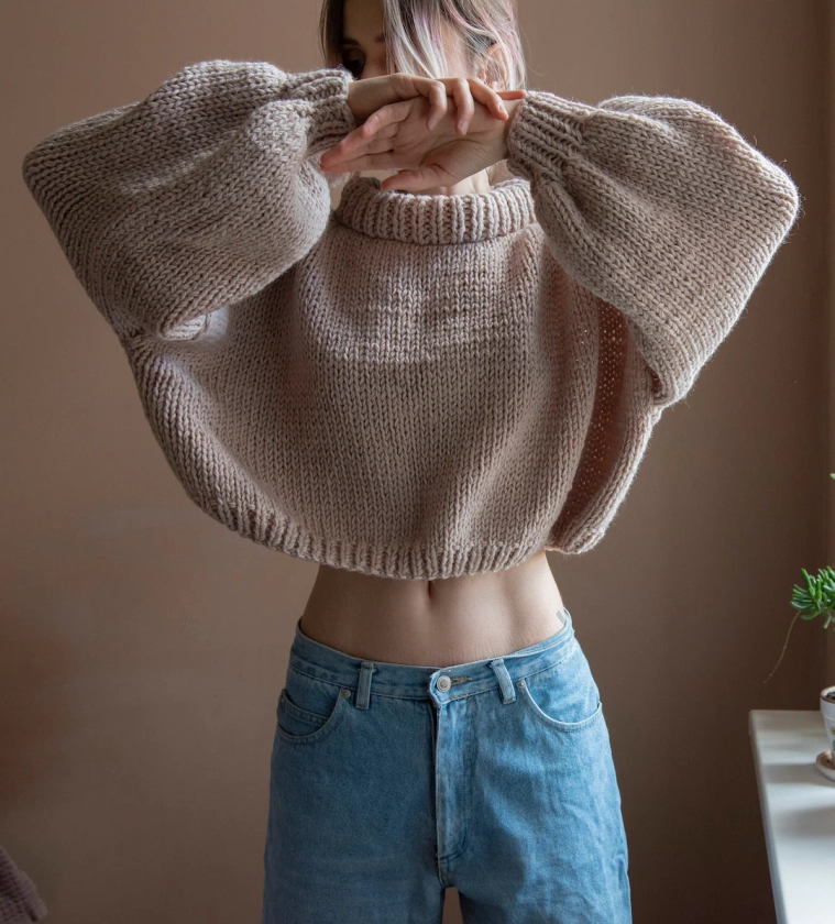 Crop Boxy Sweater With Long Sleeves From Wool Blend. Chunky Hand Knitted Pullover. Oversized Sweater. Loose Fit Baggy Jumper - Etsy France