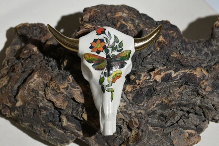 Cow Skull, Moth and Flowers Design, Handmade, Ceramic, Golden Horns, Medium Size, Decorative, Unique, Pipes, Desert, Southwestern motif