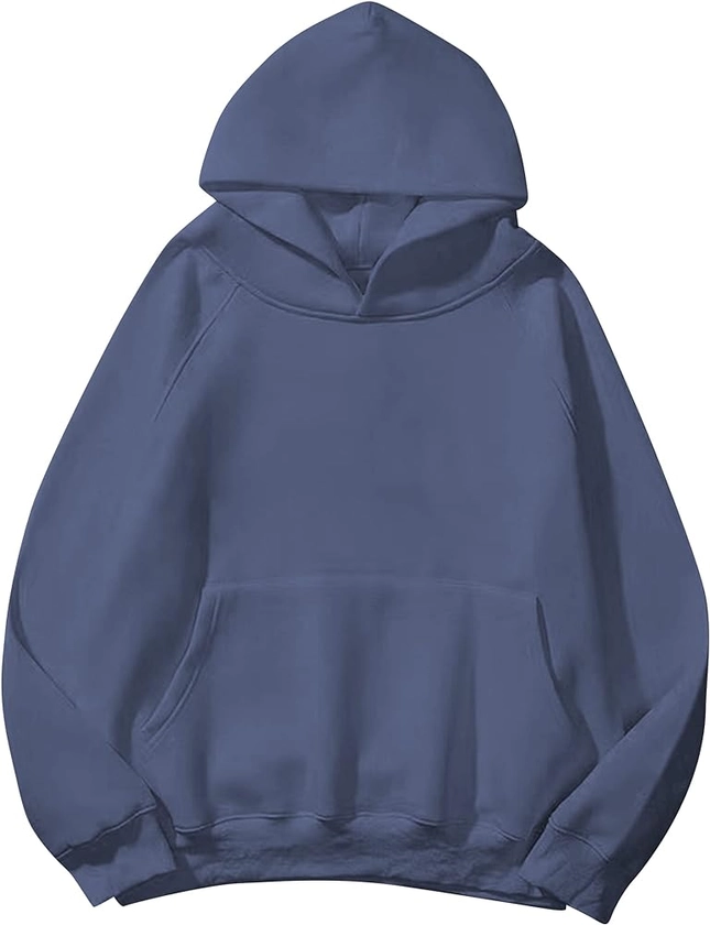 Lauweion Women Solid Basic Fleece Letter Loose Hoodie Sweatshirt Long Sleeve Kangaroo Pocket Drop Shoulder Pullovers Top