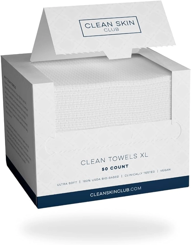 Clean Skin Club Clean Towels XL™, 100% USDA Biobased Face Towel, Disposable Face Towelette, Makeup Remover Dry Wipes, Ultra Soft, 50 Ct, 1 Pack