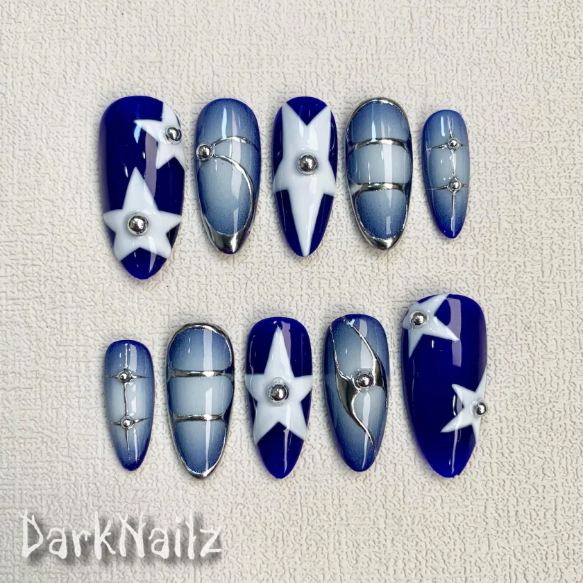 Custom Blue Press on Nails, Y2K Spring Summer Stars Nails - Etsy