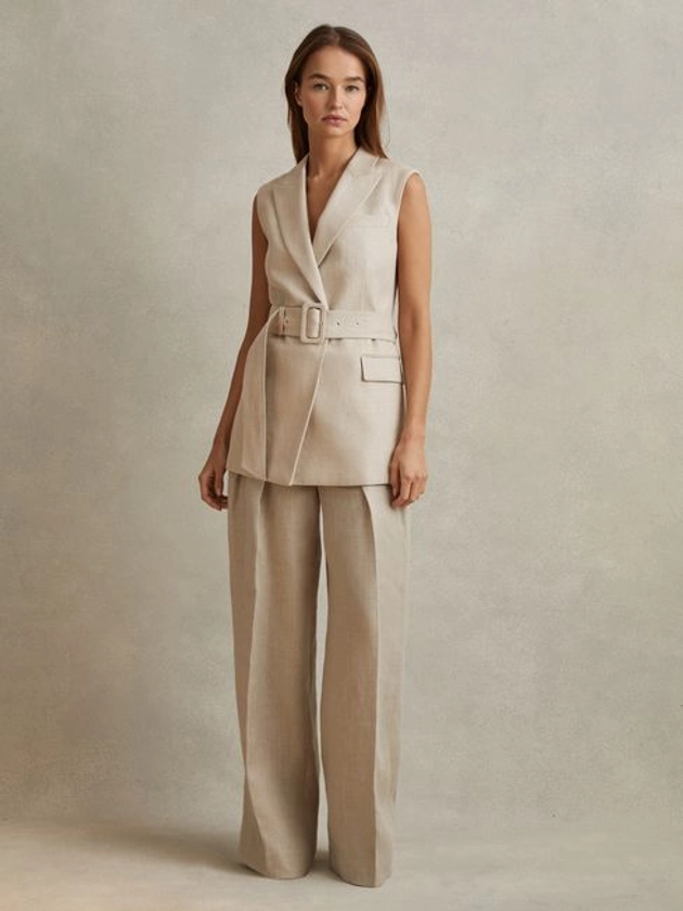 Linen Belted Waistcoat in Natural - REISS