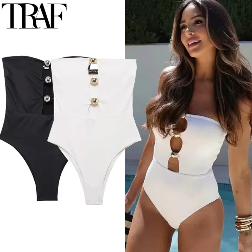 TRAF-Maillot de Bain Sexy pour Femme, Body Off Initied, Blanc, Découpé, Noir, Été, Une Pièce, Dos aux