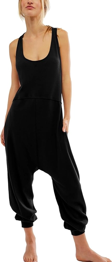 APAFES Womens Summer Baggy Backless Overalls Sleeveless Harem One Piece Jumpsuits with Pockets