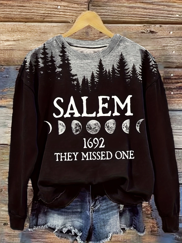 Plus Size Casual Sweatshirt, Women's Plus Tree & Slogan & Moon Print Long Sleeve Round Neck Sweatshirt