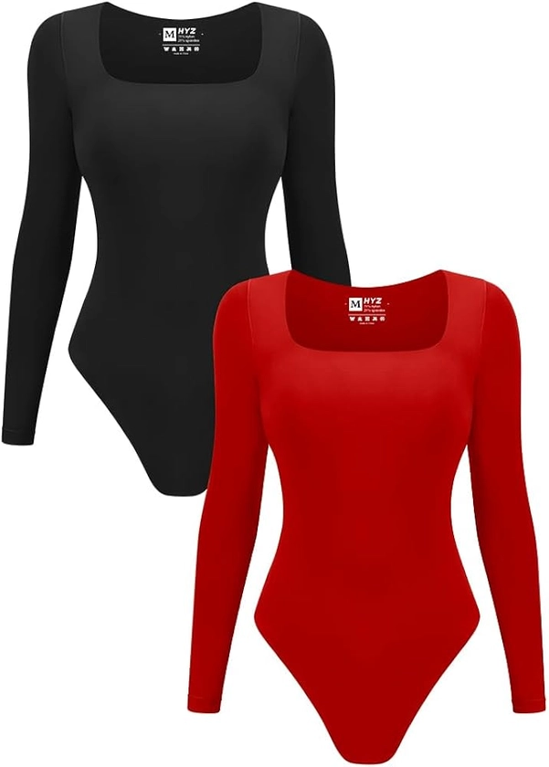 HYZ Women's 2 Piece Going Out Leotards Long Sleeve Slim Fit Comfy Bodysuit Tops