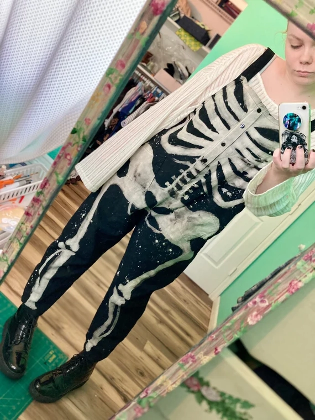 Bleached Skeleton Overalls - Spooky Scary Skeleton Jumpsuit Halloween Costume Bleach Bones Gothic Grunge Horror Baggy Shorts Basildewdrop