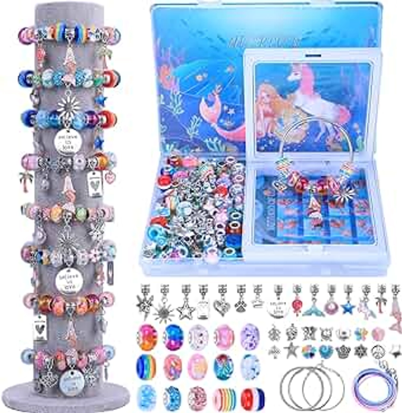 AIPRIDY Charm Bracelet Making Kit,Unicorn Mermaid Crafts Gifts Set Can Inspires Imagination and Creativity,Jewelry Making Kit Perfect Gifts for Girls 5-12 Years Old(72 Pieces Mermaid Aqua)