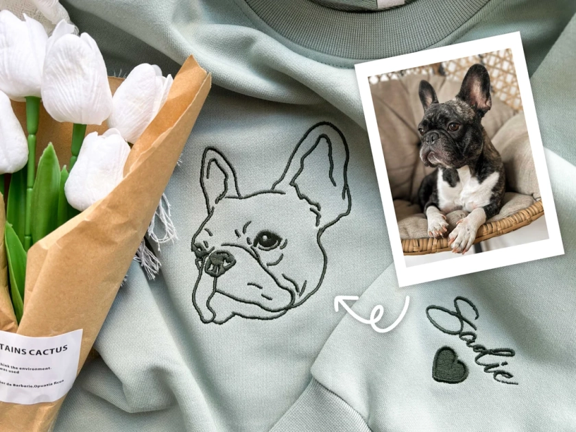 Custom Embroidered Pet Sweatshirts with Pet Photo and Name,Custom Embroidered Dog Hoodie,Embroidered Pet Portrait,Gift for Dog Dad/Mom