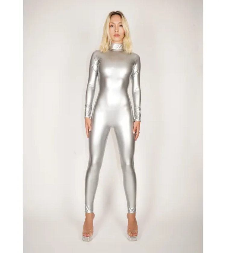 Catsuit en vinyle extensible argenté sur mesure PVC PU Body col roulé Chrome Costume d&#39;Halloween taille S M L XL xxl Plus