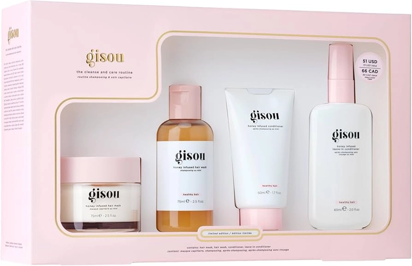 Gisou Cleanse & Care Routine, a Travel-Sized Honey Infused Collection: Hair Wash, Conditioner, Leave-In Conditioner and Hair Mask