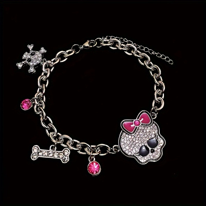 1pc Punk Y2K Style Skull Bracelet, Vintage Gothic Fashion Charm Jewelry With Rhinestones And * Accents, Thick Chain With Bone And Cross Details